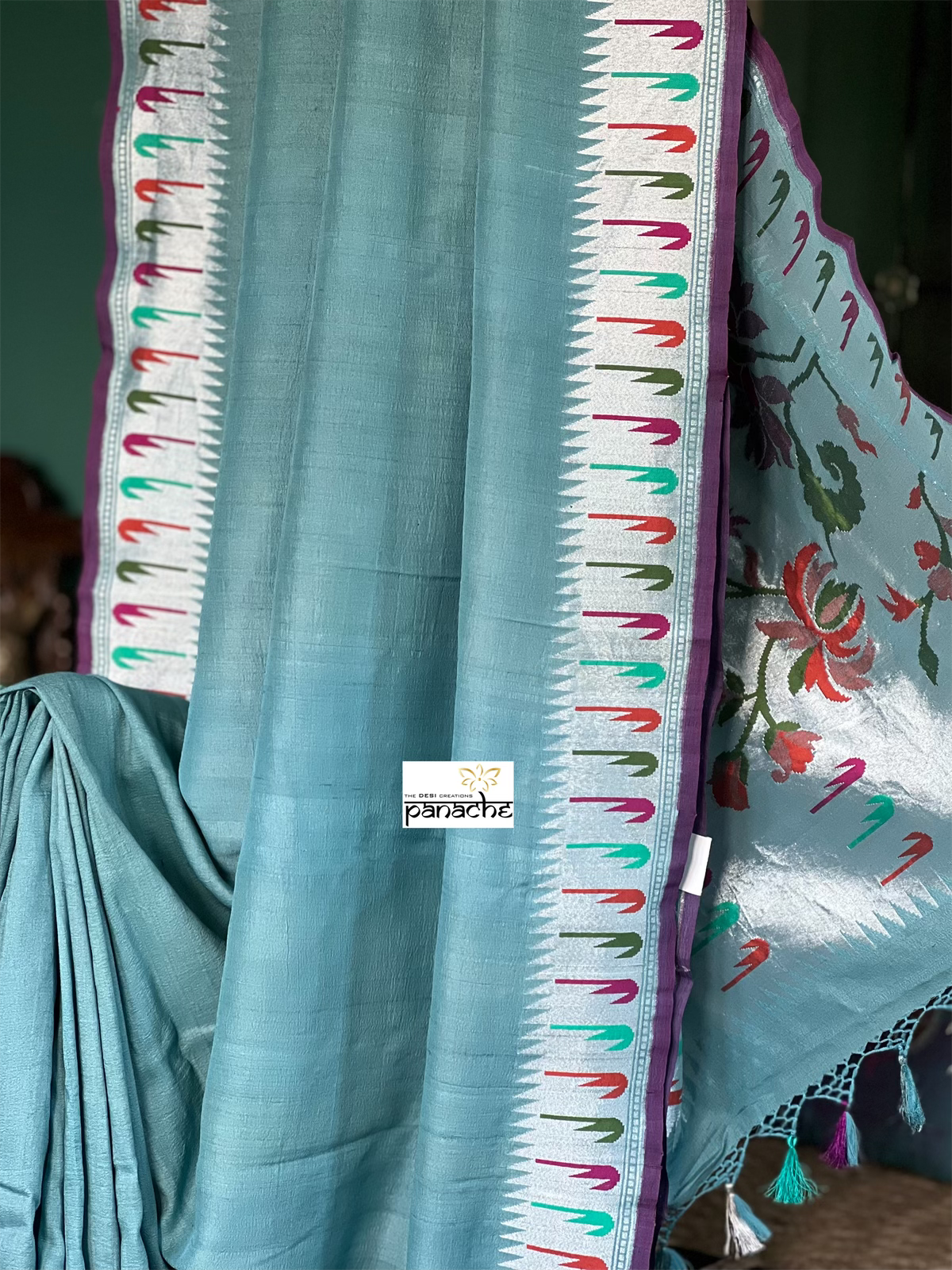 Tussar Georgette Banarasi- Teal Blue Grey Antique Silver
