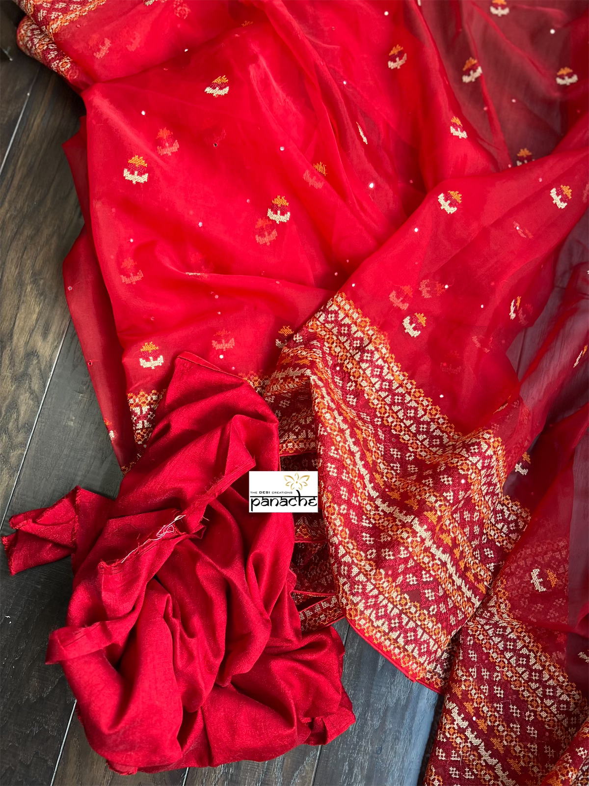 Designer Organza - Red Gujarati Stitch