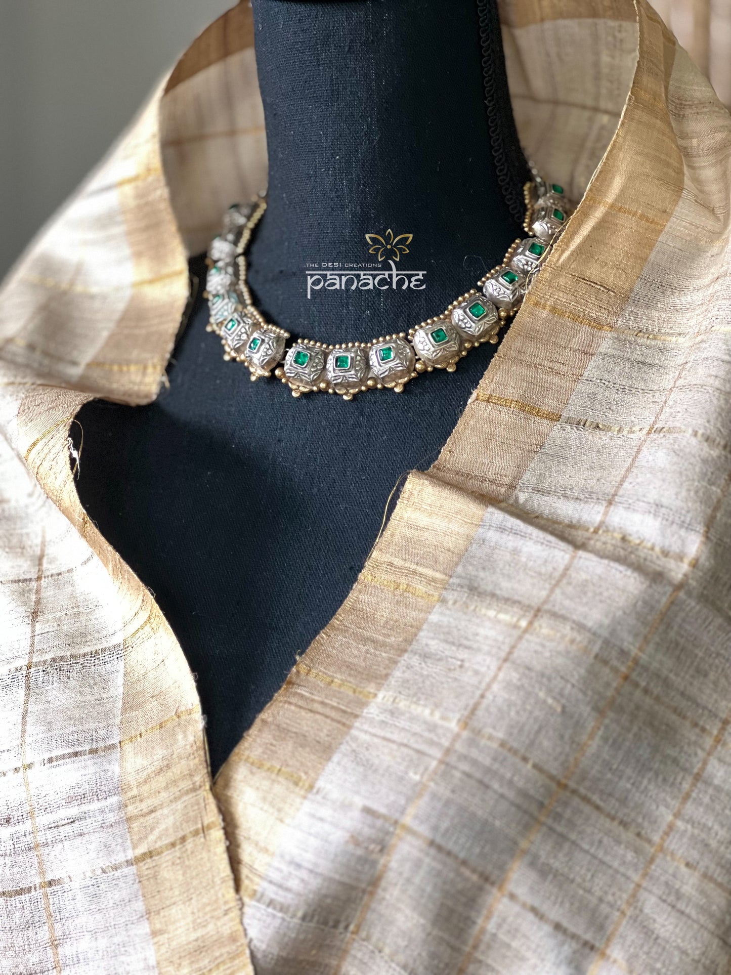 Silver 925 Necklace Set - Green Kundan Dual Tone