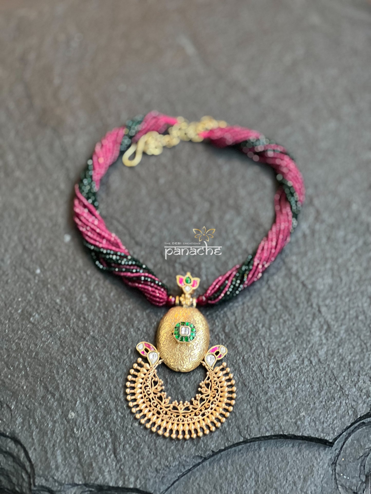 Silver 92.5 Beaded Necklace - Gold Kundan