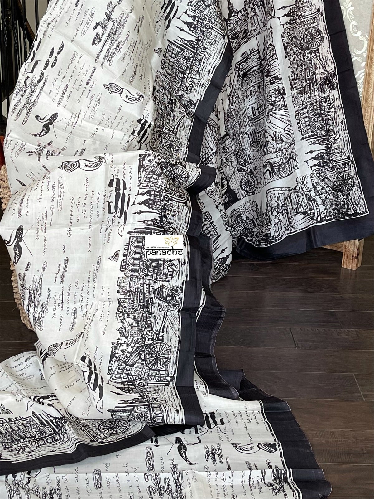 Pure Vishnupur Katan Silk - Ivory Black Kolkata Printed