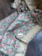 Soft Muga Tussar Banarasi - Grey Meenakari Woven