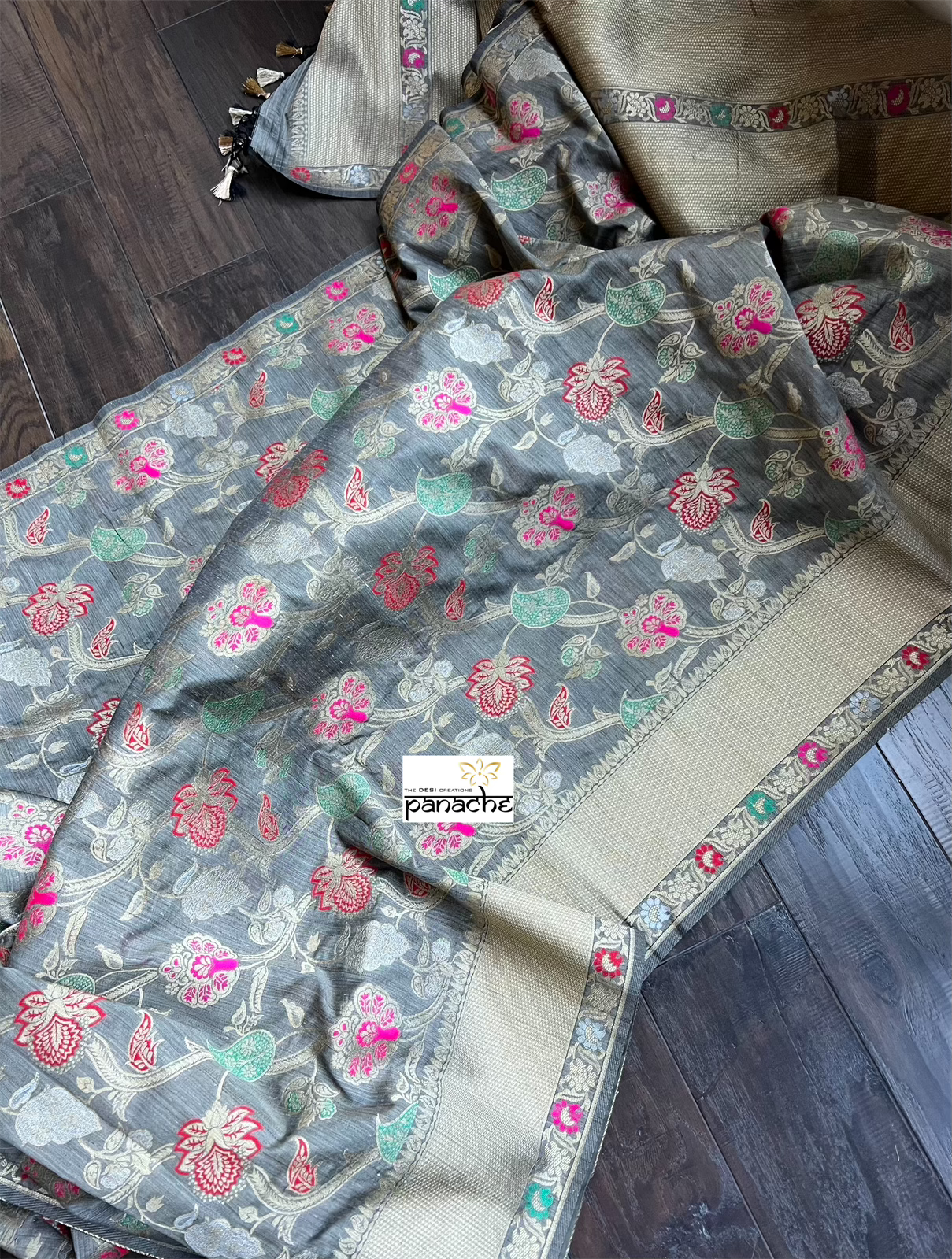 Soft Muga Tussar Banarasi - Grey Meenakari Woven