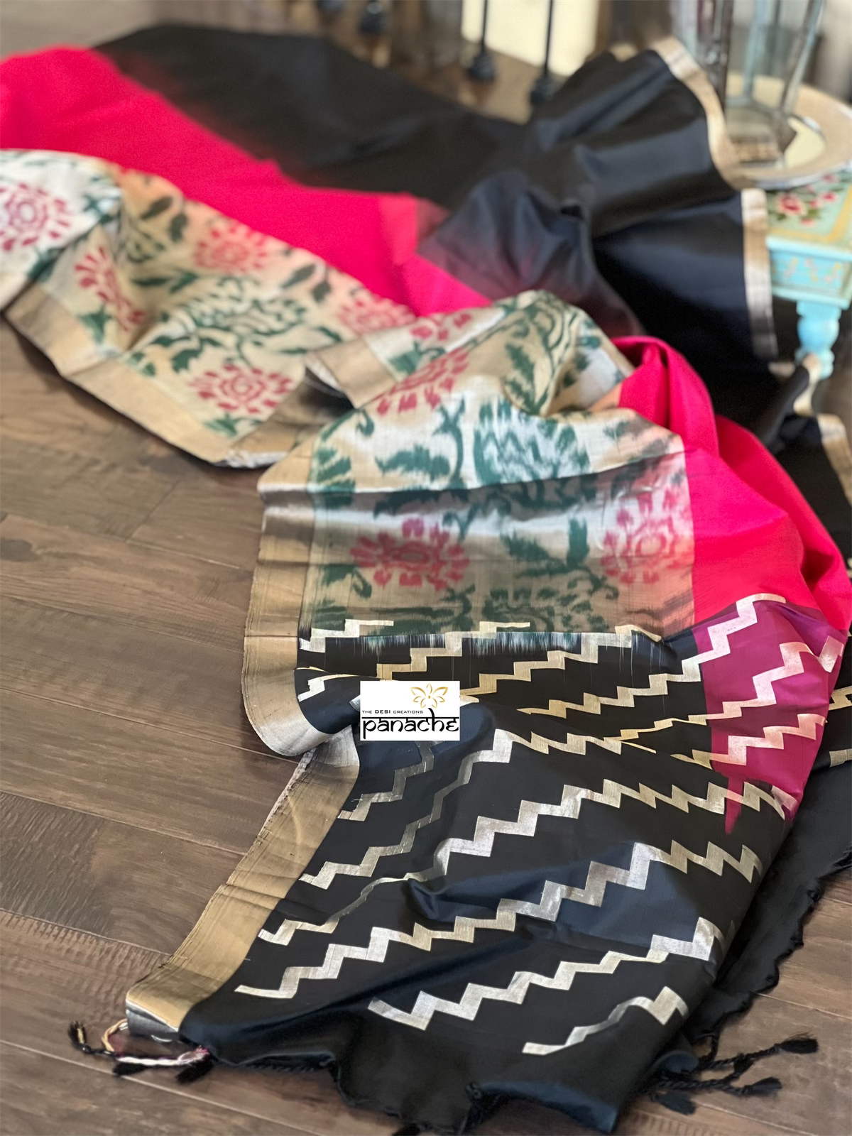 Pure Silk Kanjivaram - Black Magenta Ikat Woven
