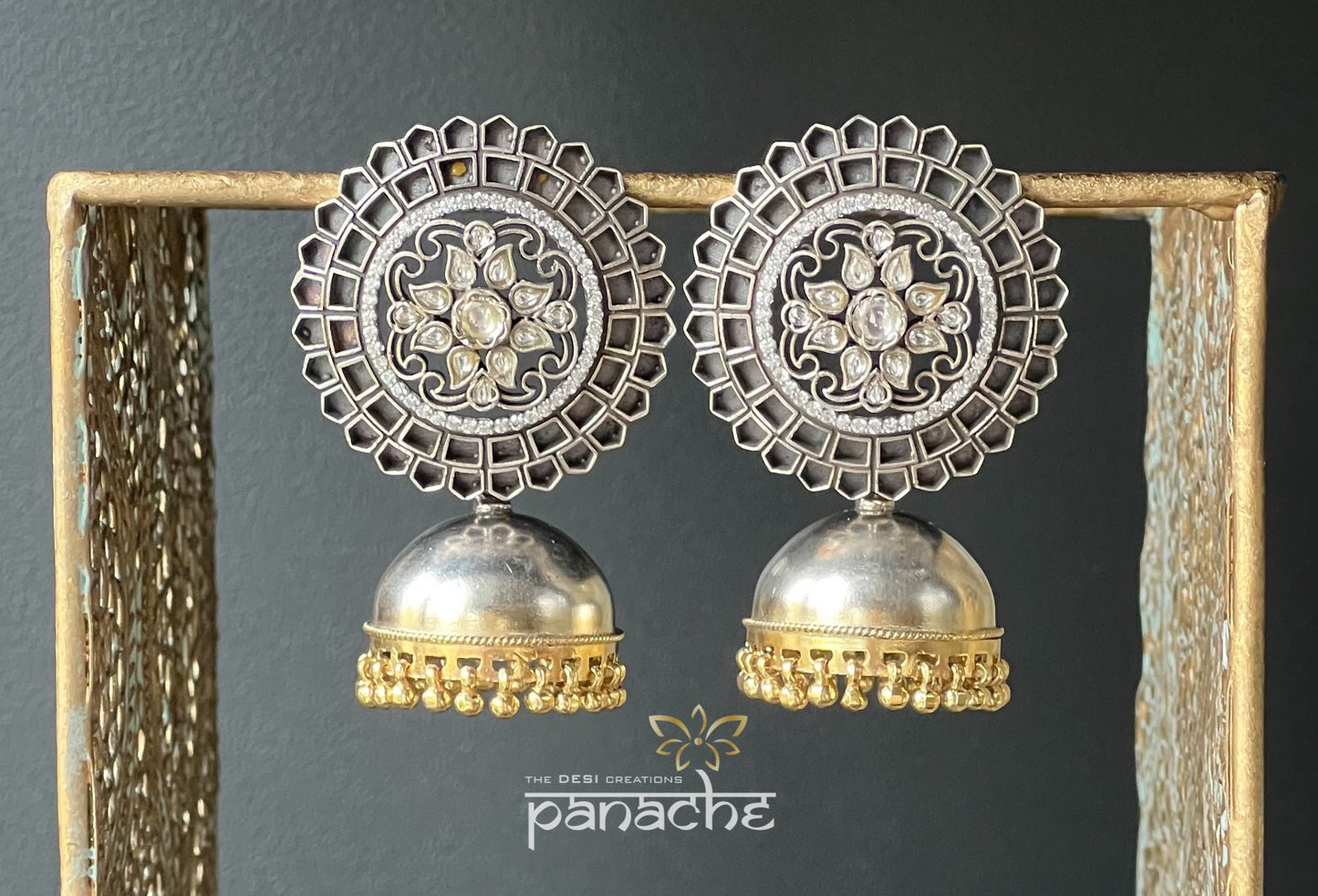 Earring 925 Silver- Dual Tone Kundan Jadau Jhumka
