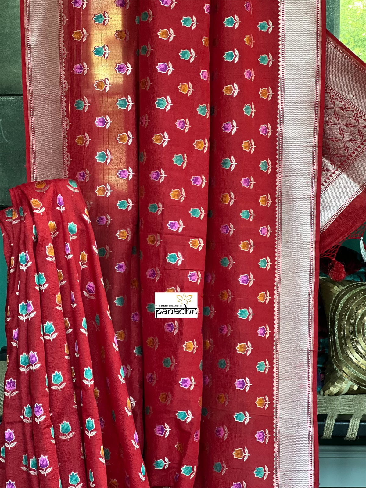 Tussar Georgette Banarasi - Red Mogra Tilfi