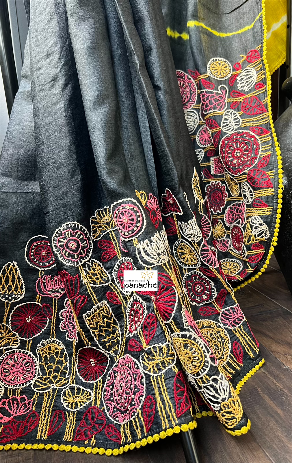 Pure Tussar Silk - Black Lime Yellow Embroidered
