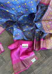 Pure Tussar Silk Digital Printed -  Blue Magenta Patola