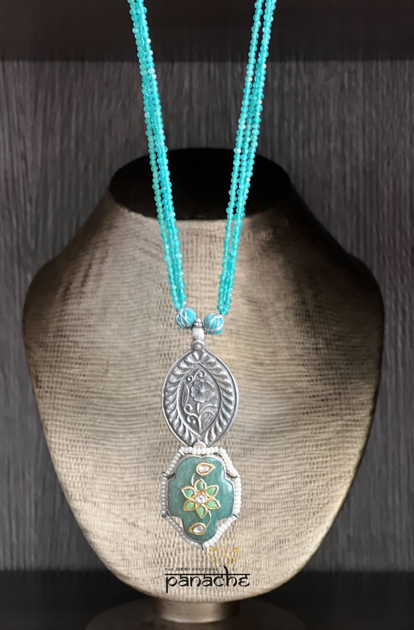 Silver Beaded Necklace - Inlay Pendant
