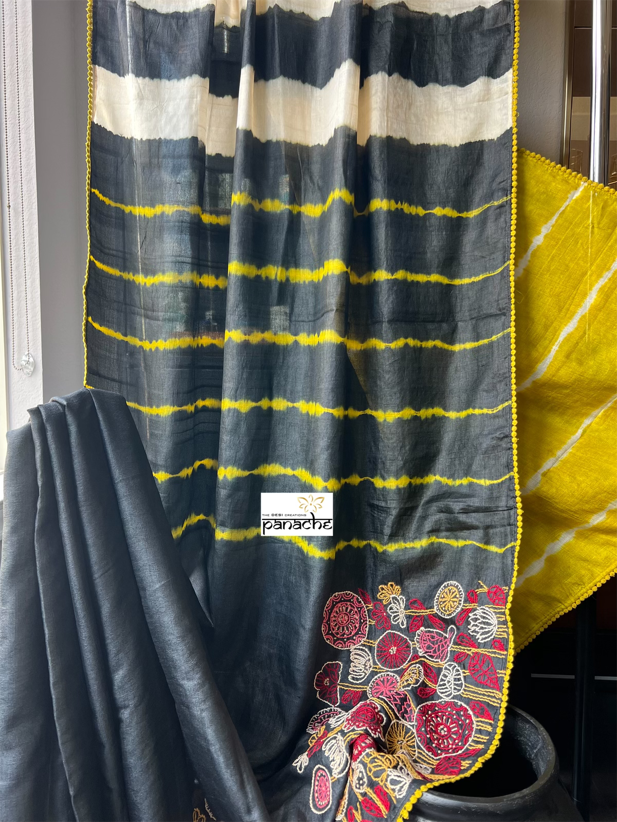Pure Tussar Silk - Black Lime Yellow Embroidered