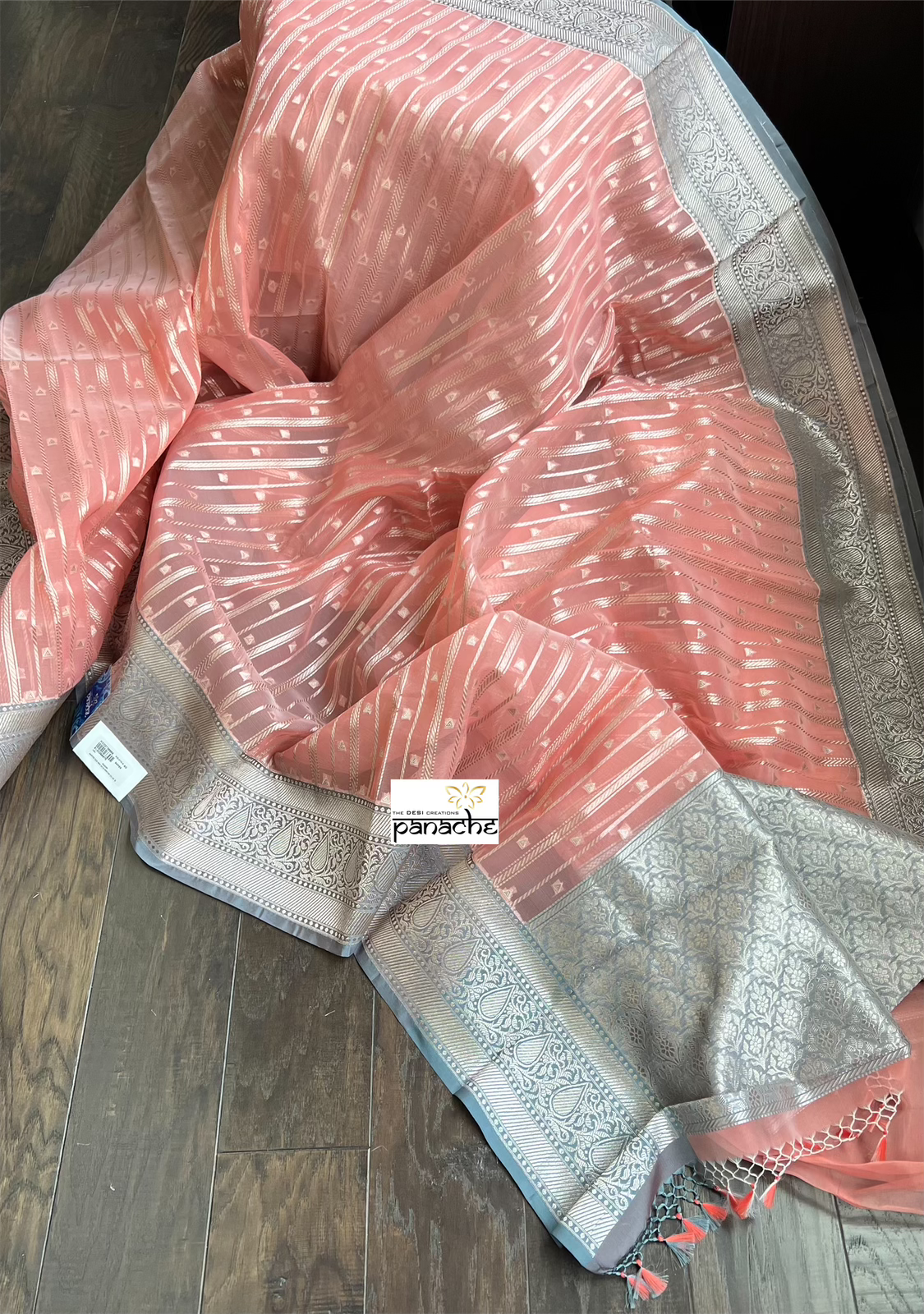 Kora Silk Banaras Chanderi - Peach Grey
