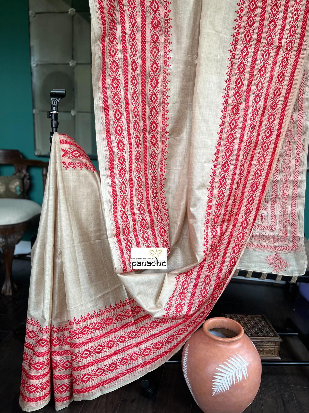 Pure Tussar Silk Kantha Stitch - Beige Red