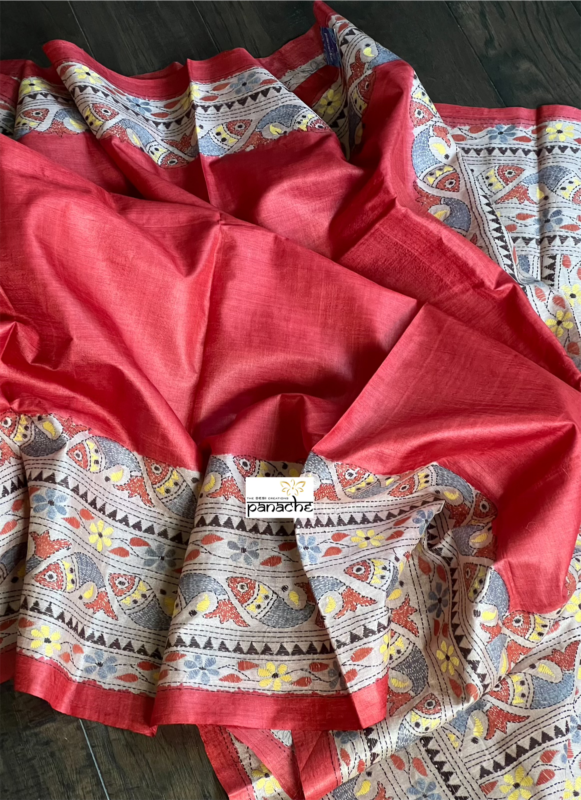 Pure Tussar Silk Kantha Stitch - Tomato Red Fish