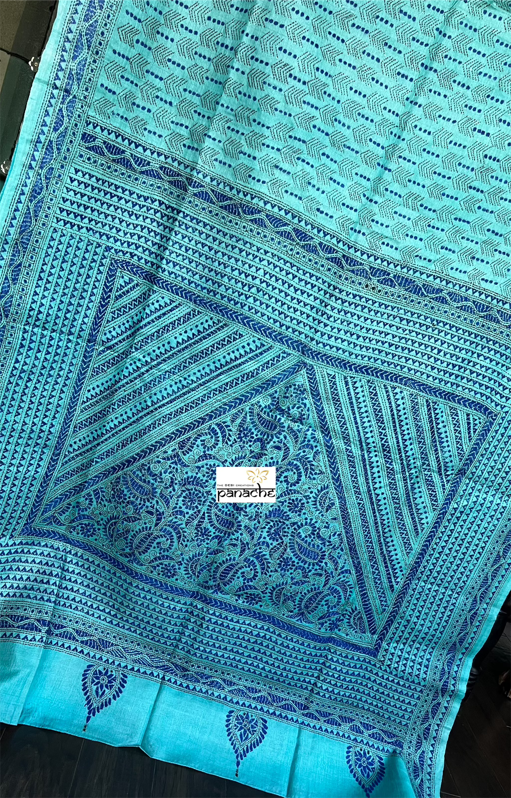 Pure Tussar Silk Kantha Stitch - Firozi Blue