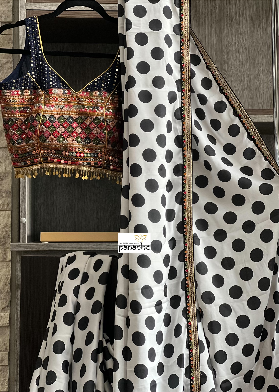 Designer Saree Blouse - White Black Polka Dot