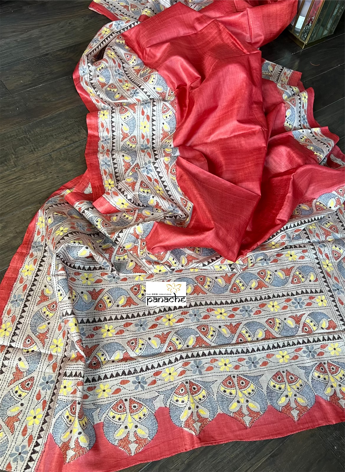 Pure Tussar Silk Kantha Stitch - Tomato Red Fish