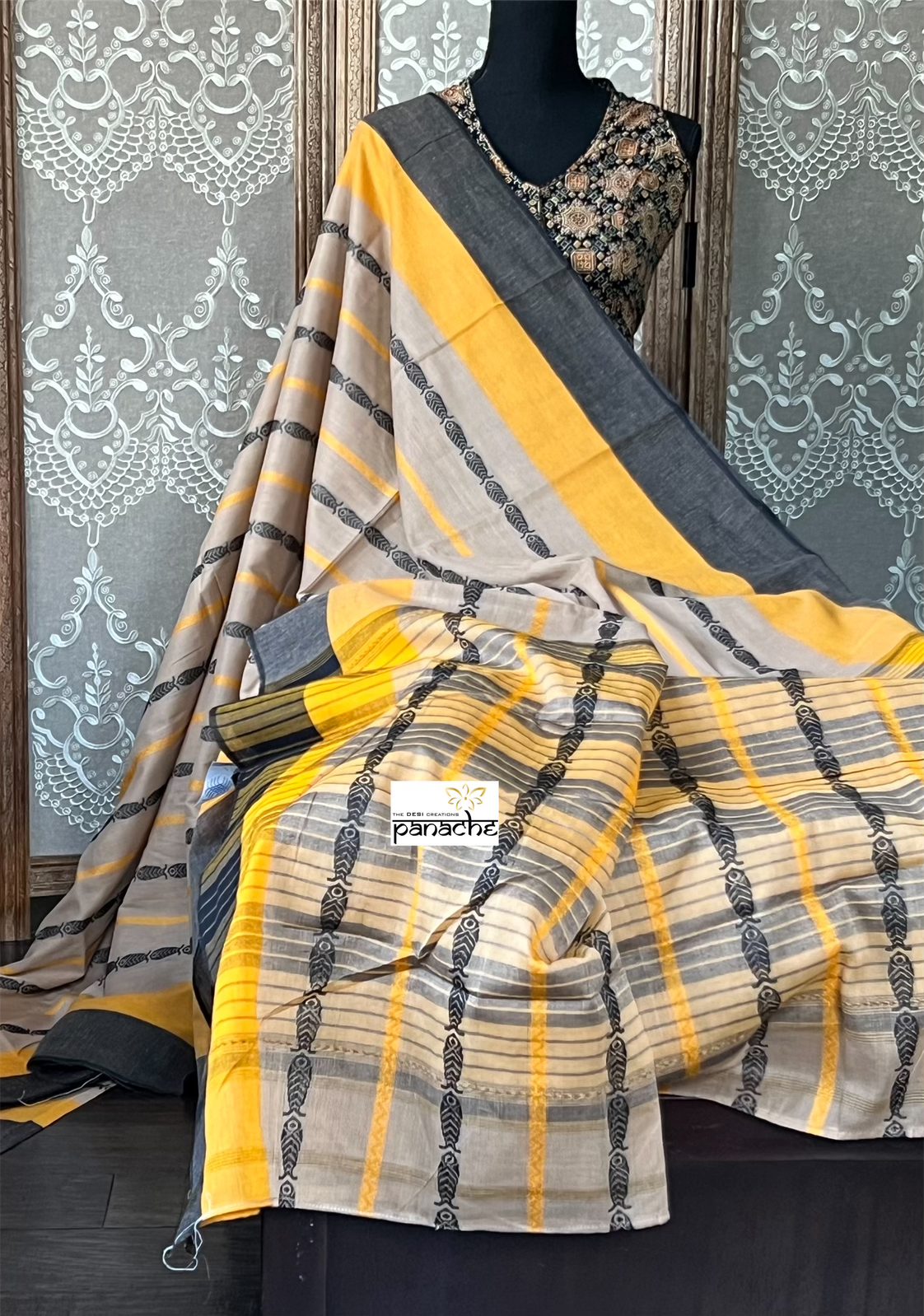 Designer Blouse - Ochre Yellow Black Ajrakh