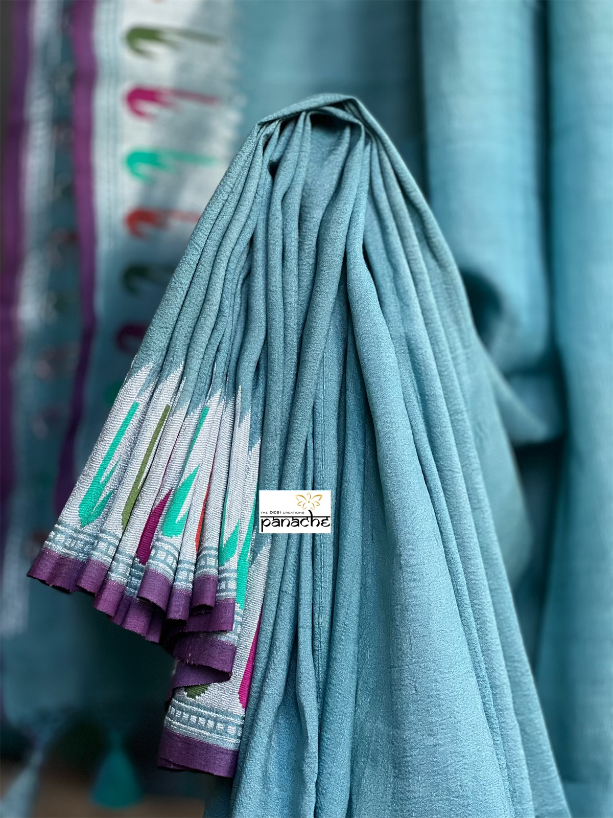 Tussar Georgette Banarasi- Teal Blue Grey Antique Silver