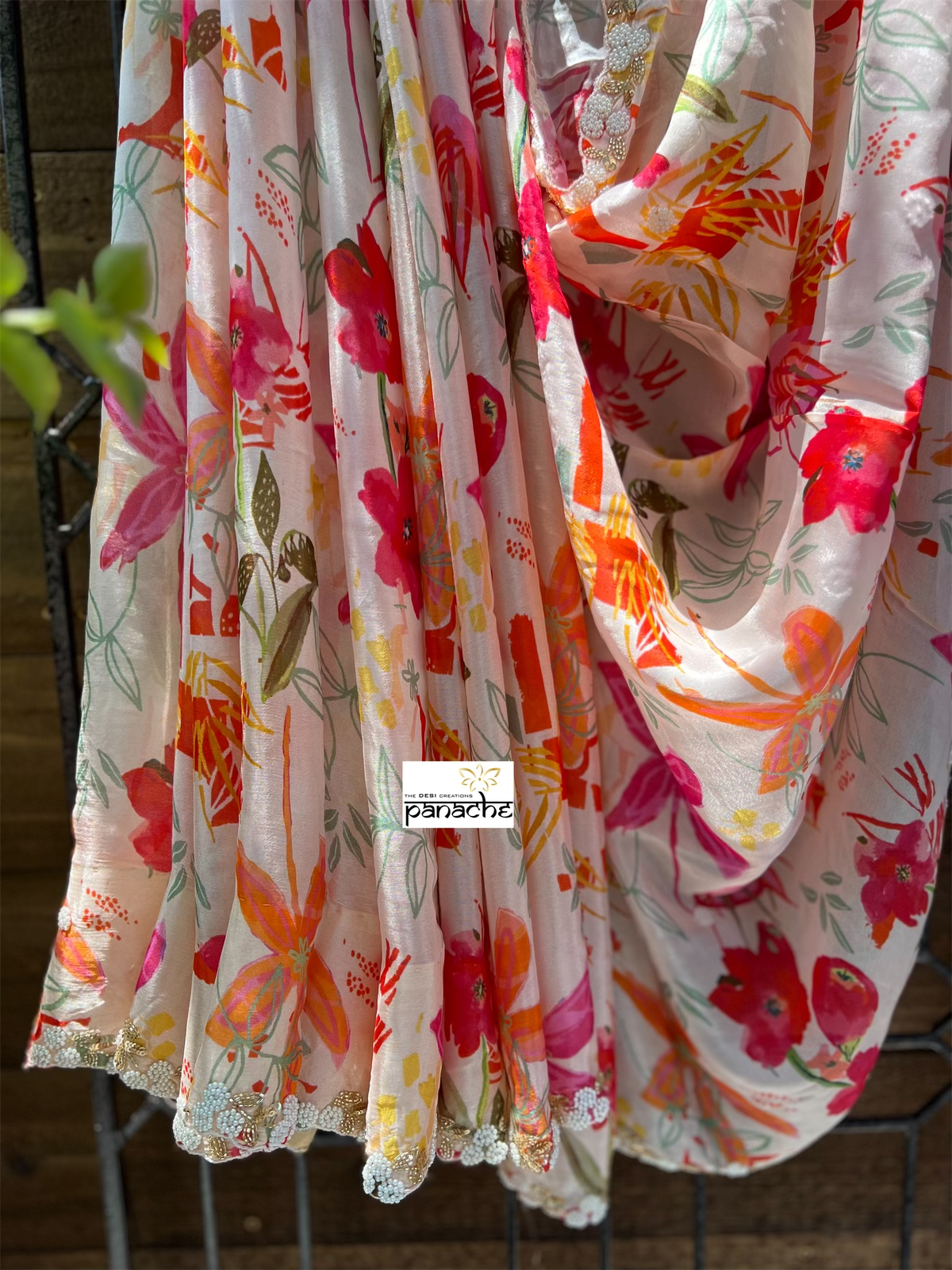 Designer Crepe Chiffon Floral - Light Peach Multi color