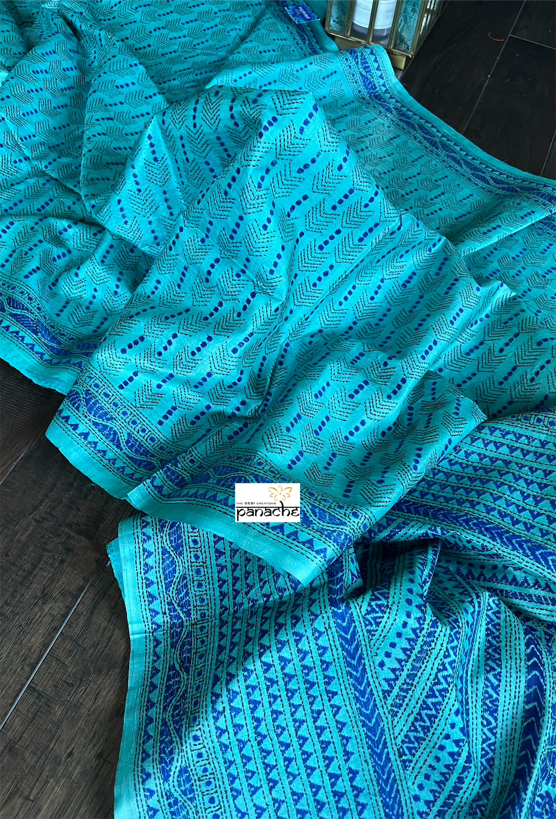 Pure Tussar Silk Kantha Stitch - Firozi Blue