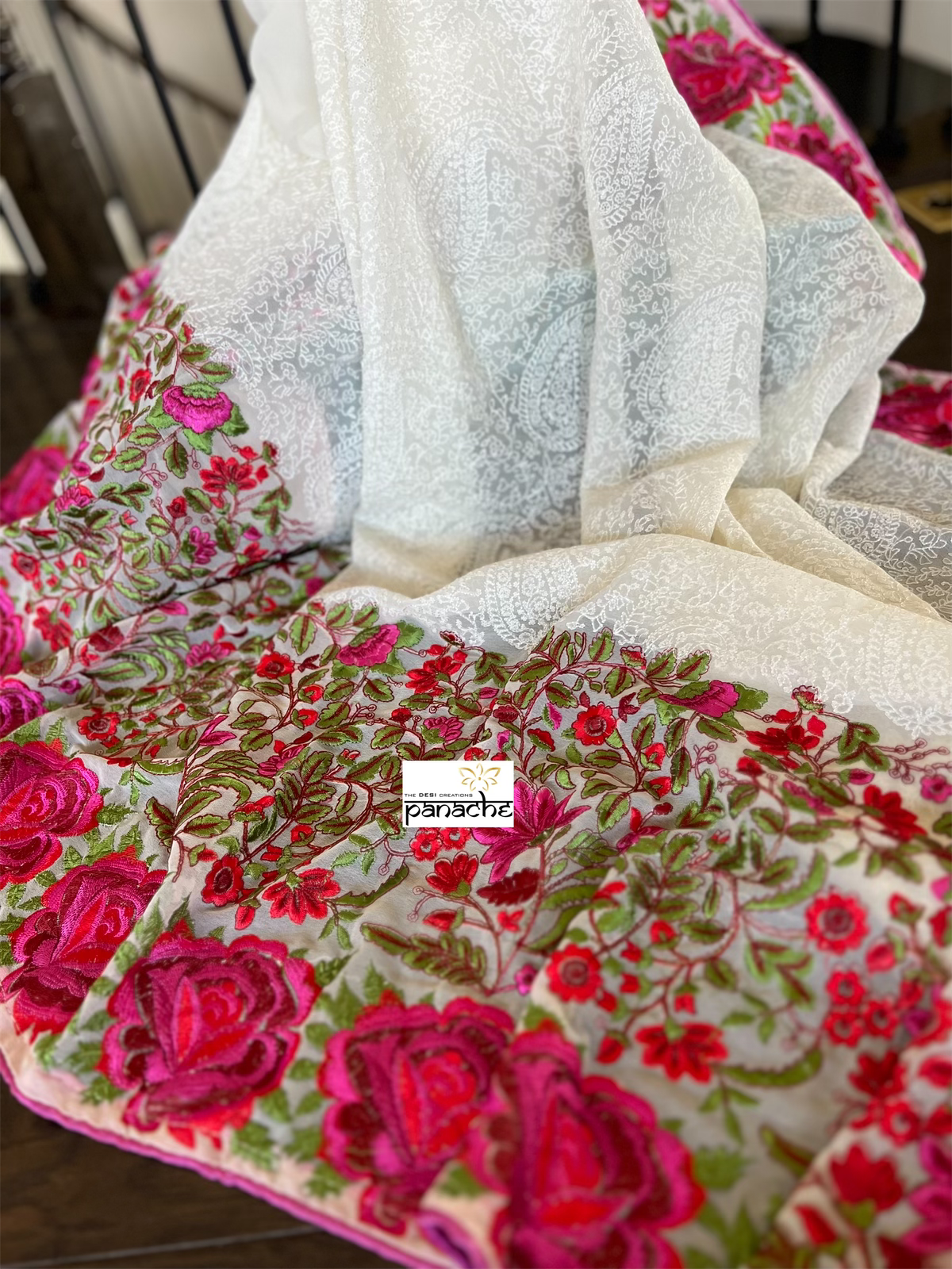 Designer Georgette Chikankari - Cream Pink