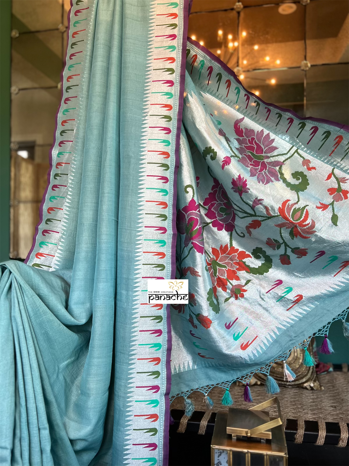Tussar Georgette Banarasi- Teal Blue Grey Antique Silver