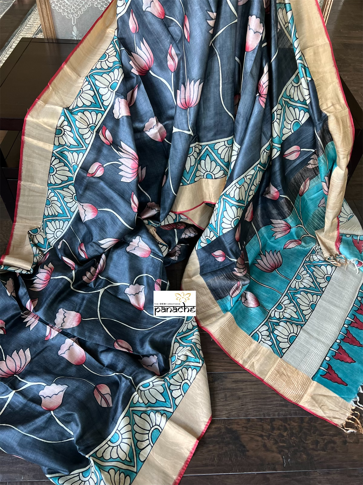 Pen Kalamkari Tussar Silk - Grayish Black Lotus