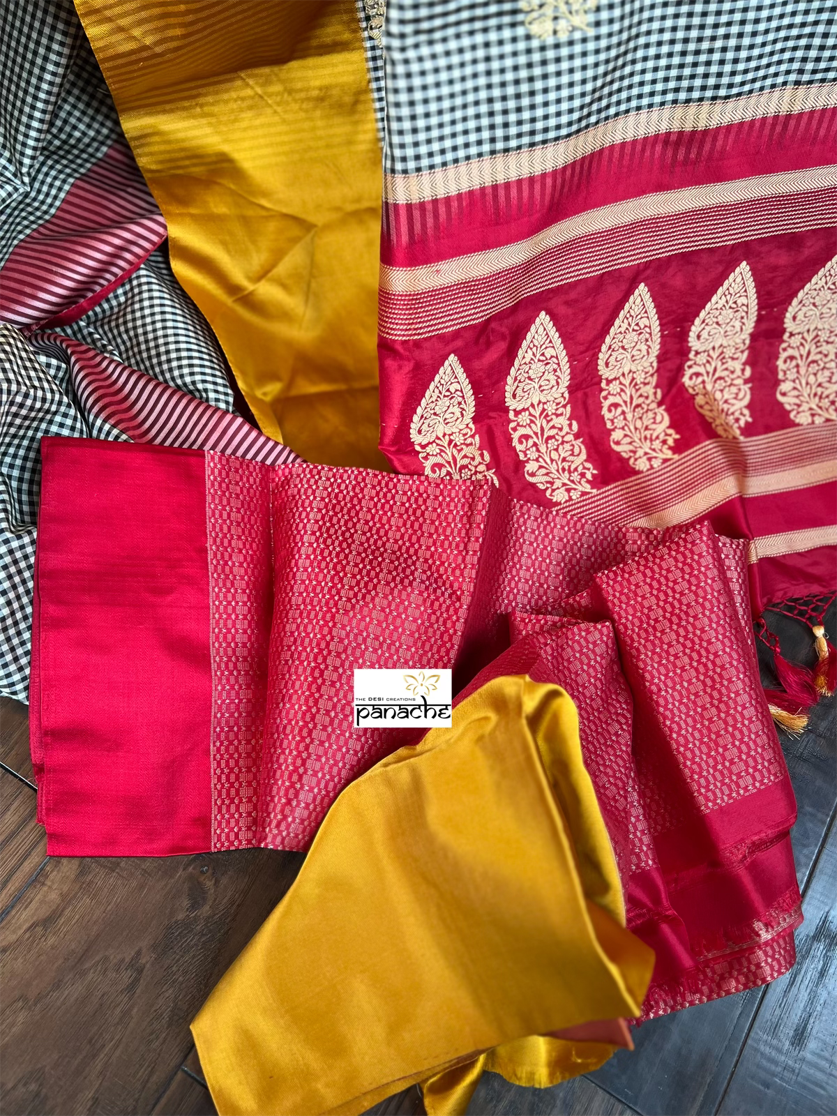 Katan Silk Banarasi - Black Red Yellow Checkered Kadwa