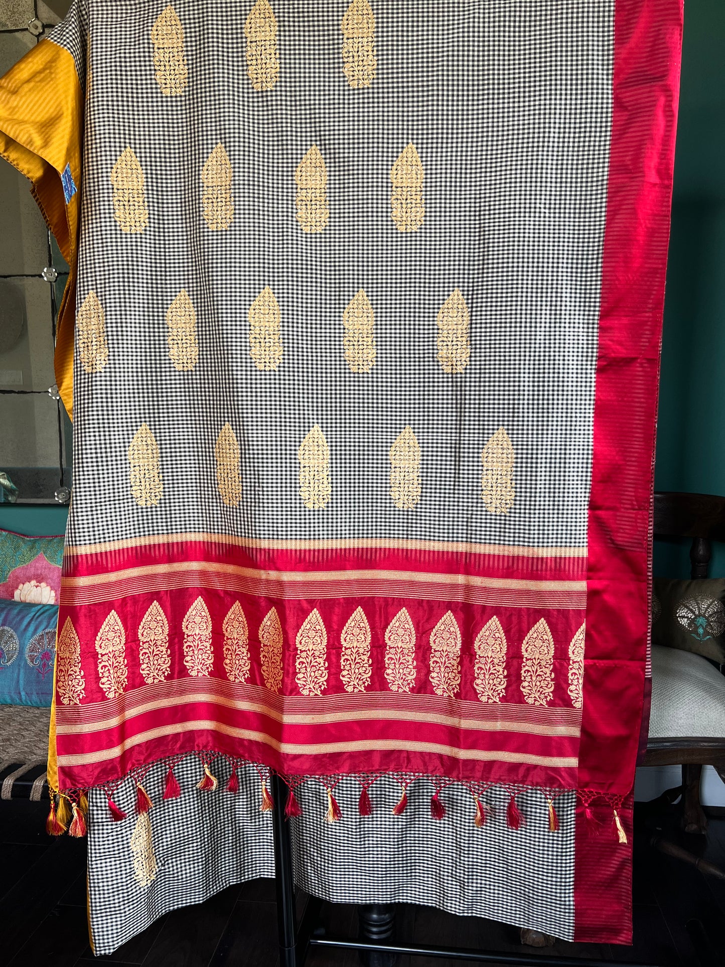 Katan Silk Banarasi - Black Red Yellow Checkered Kadwa
