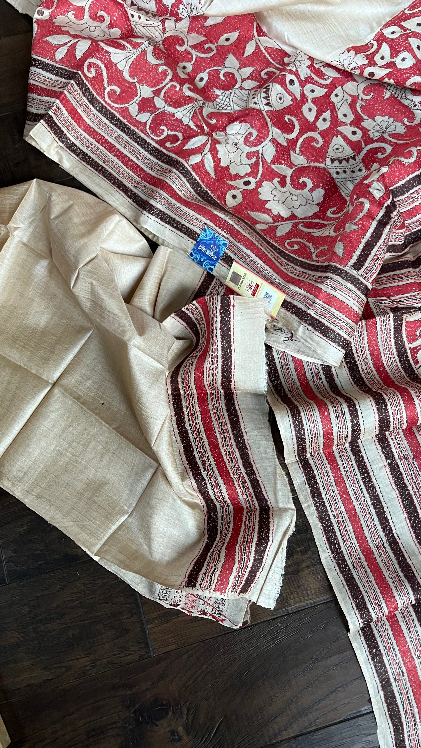 Pure Tussar Silk Kantha Stitch - Beige Red Fish