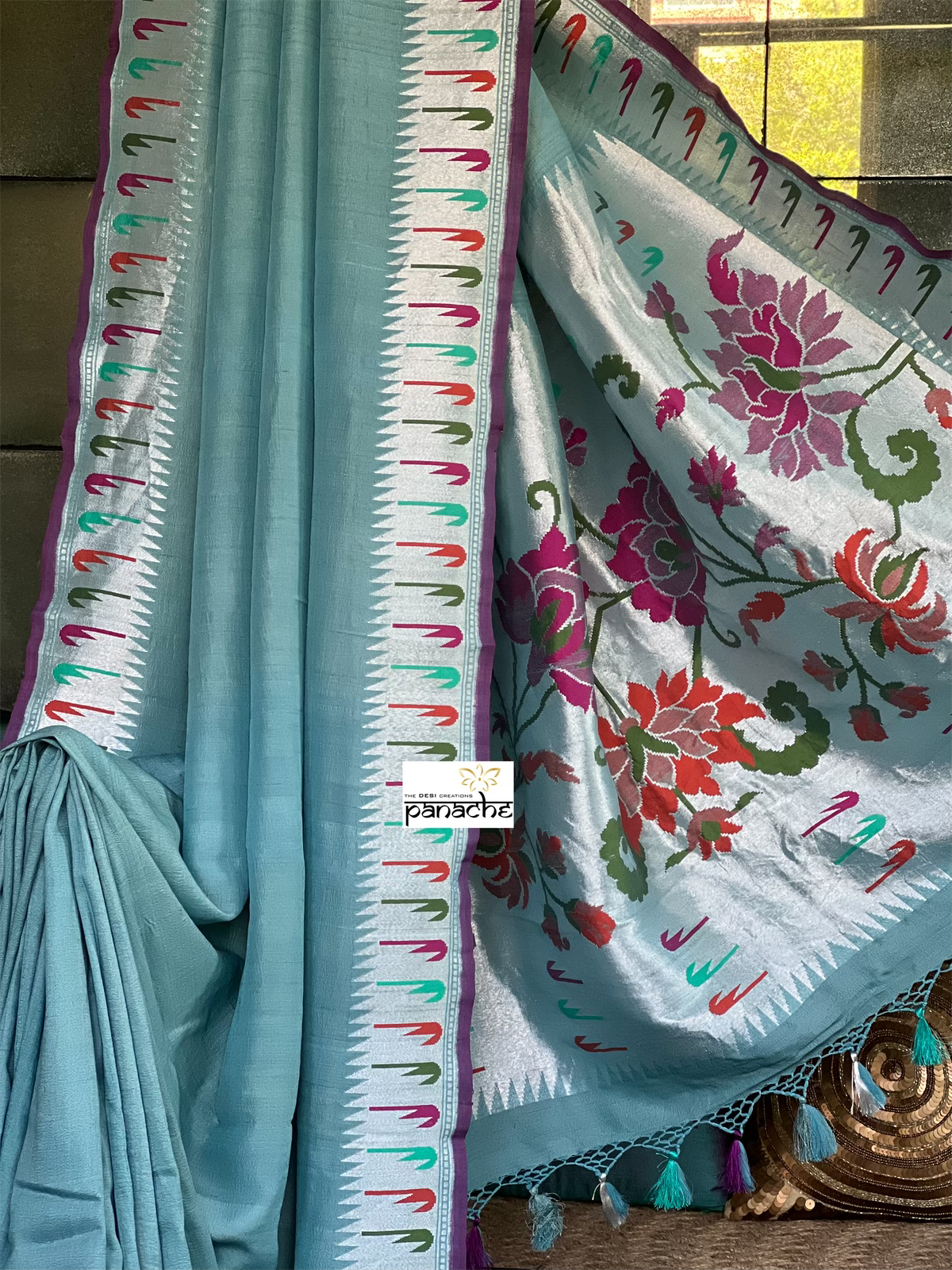 Tussar Georgette Banarasi- Teal Blue Grey Antique Silver