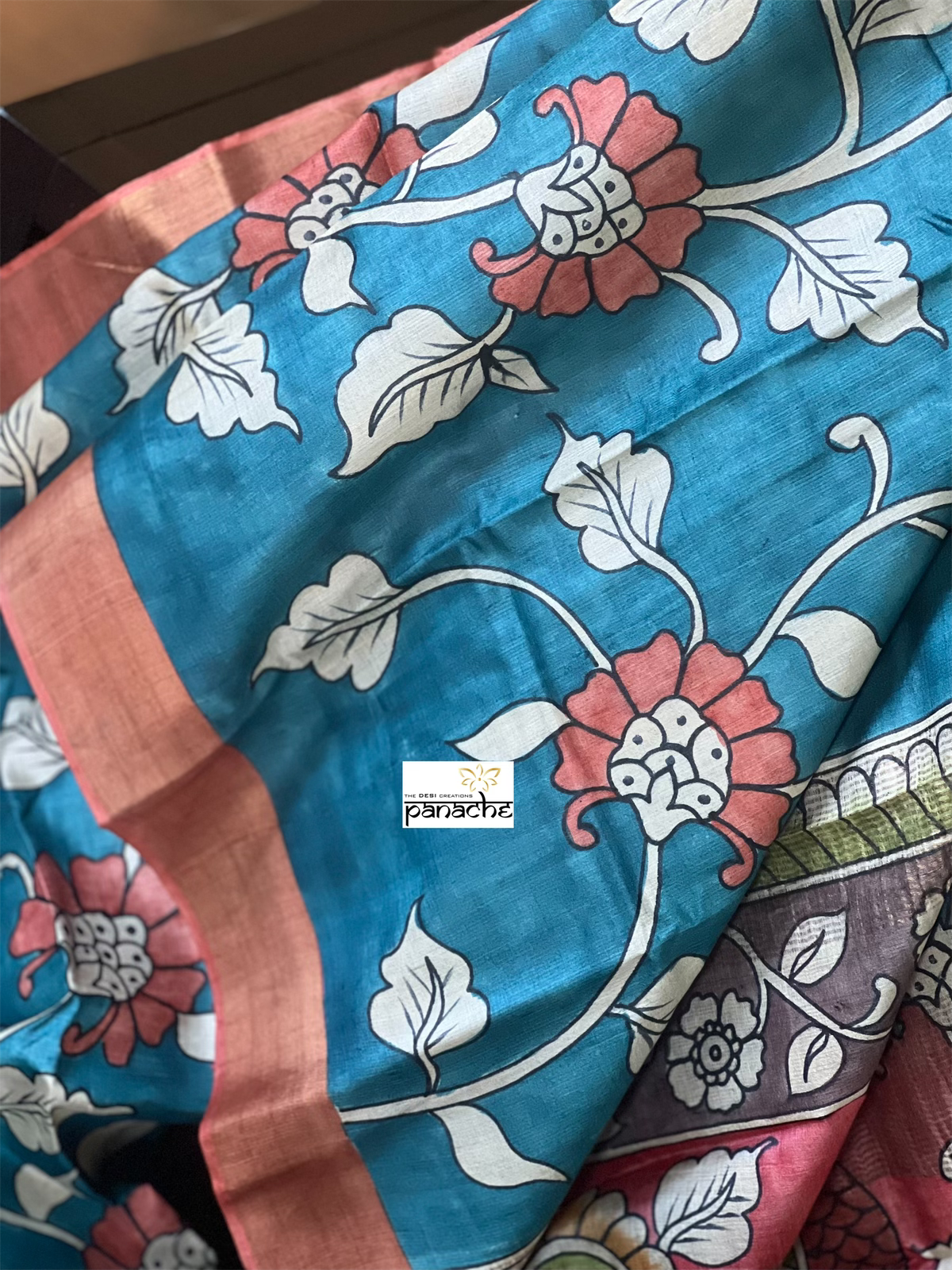 Pen Kalamkari Tussar Silk - Cobalt Blue Peach