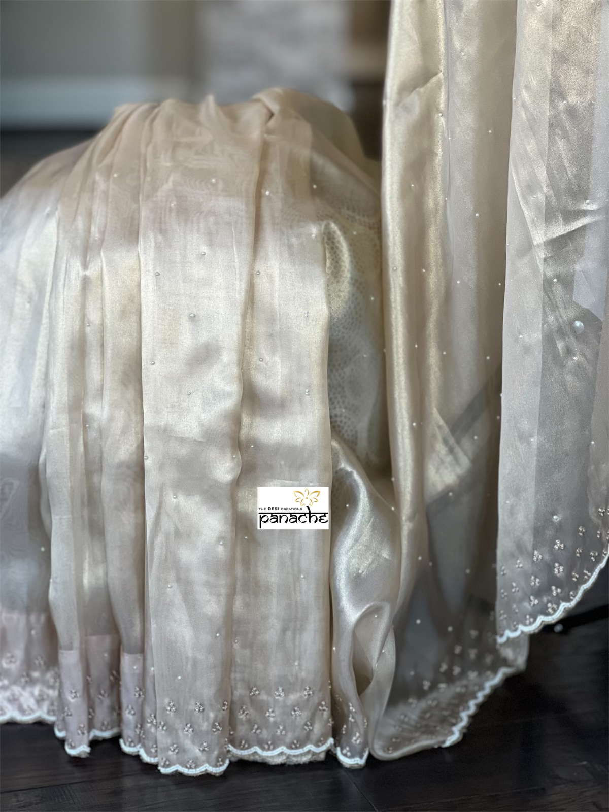Designer Organza - Golden Beige Hand Embroidered