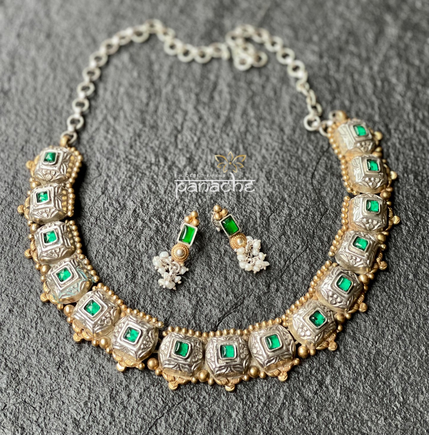 Silver 925 Necklace Set - Green Kundan Dual Tone