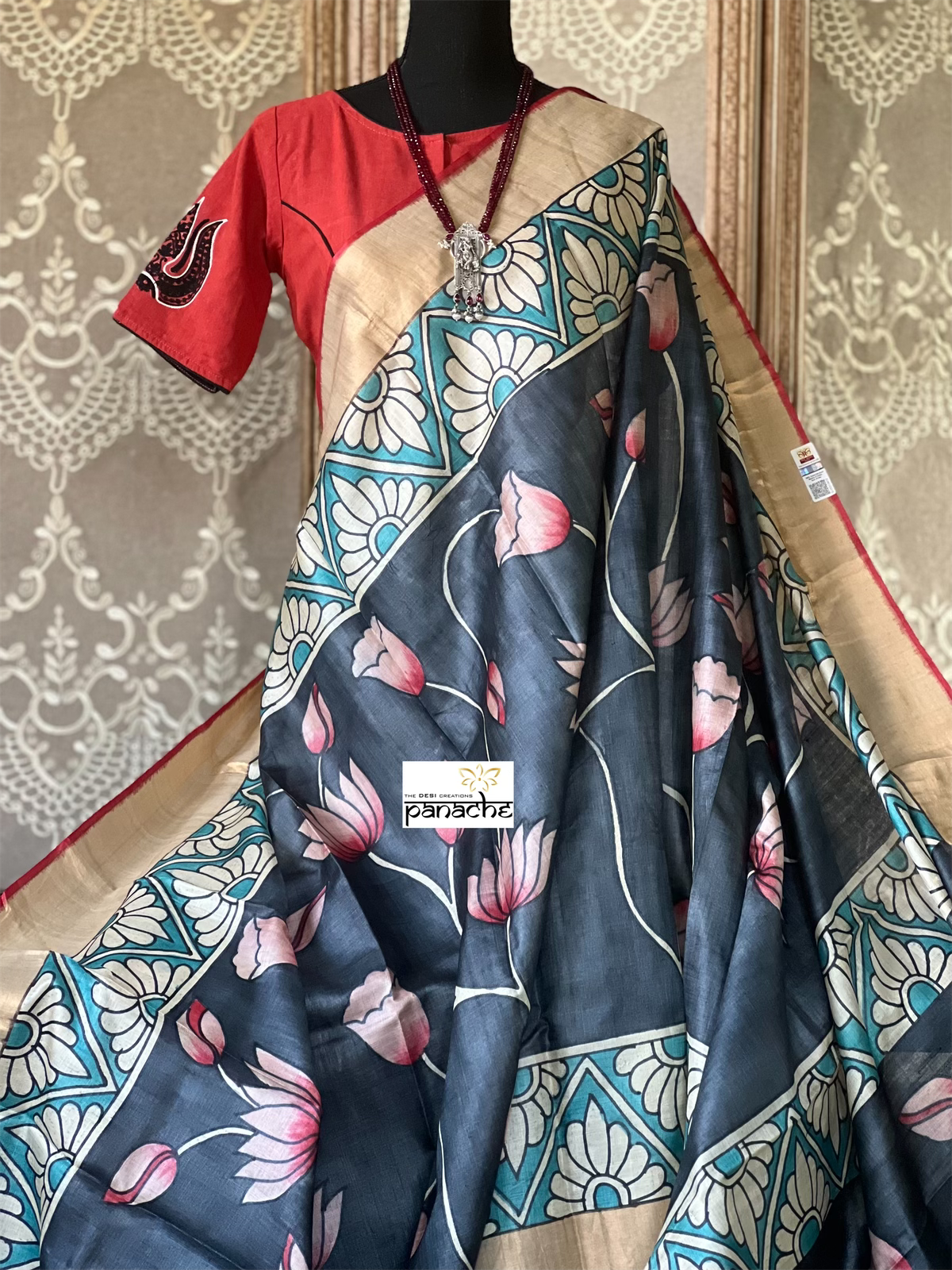 Pen Kalamkari Tussar Silk - Grayish Black Lotus