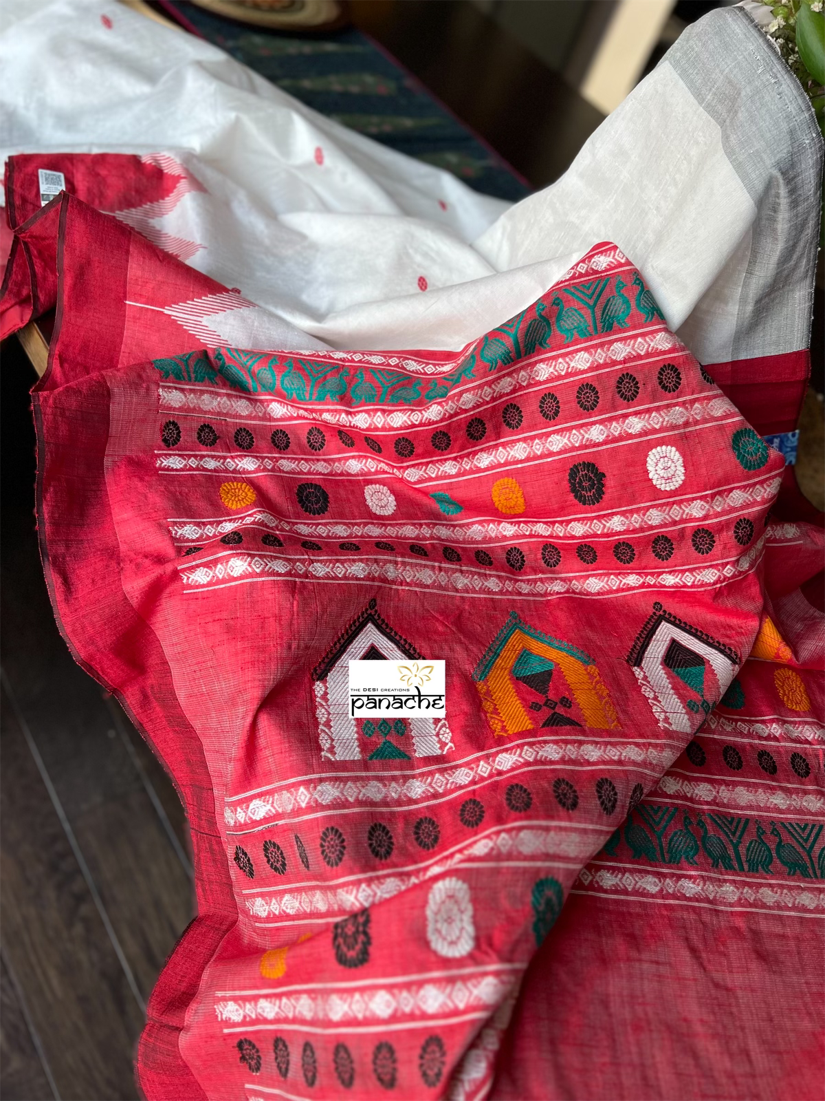 Pure Raw Silk - White Red