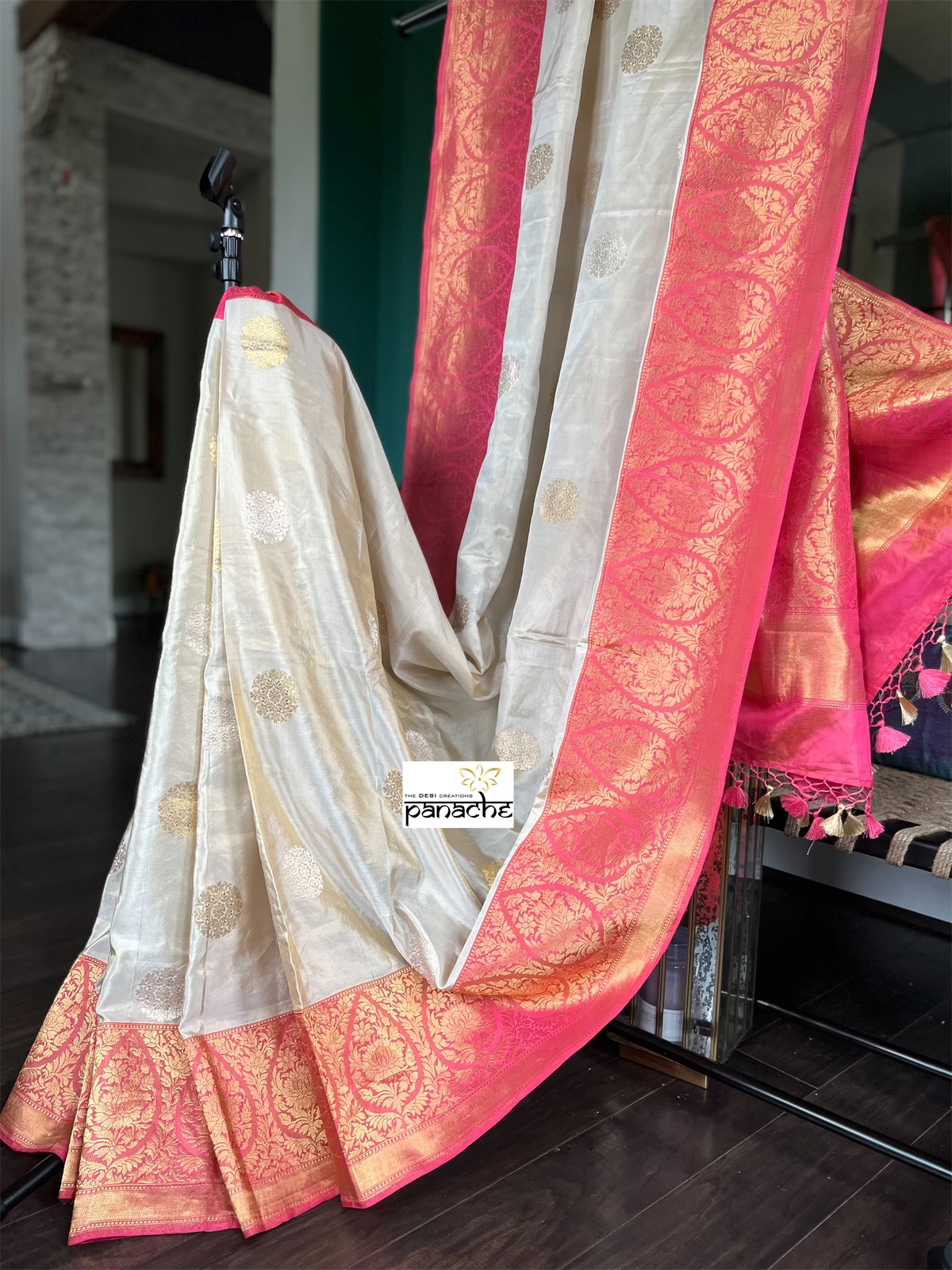 Pure Tissue Katan Silk Banarasi - Golden Beige Magenta Pink