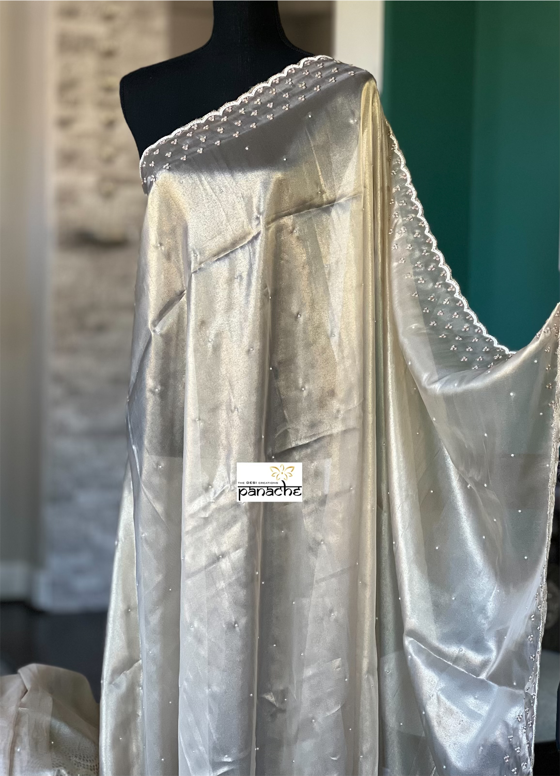 Designer Organza - Golden Beige Hand Embroidered