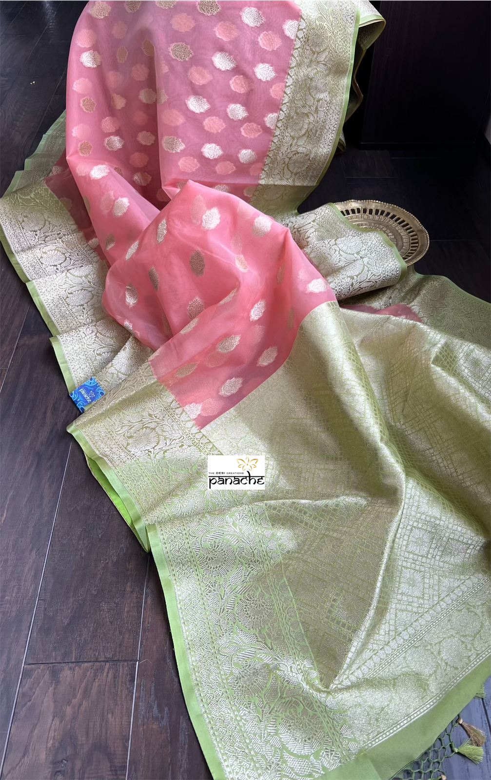 Kora Silk Banaras Chanderi - Peach Green
