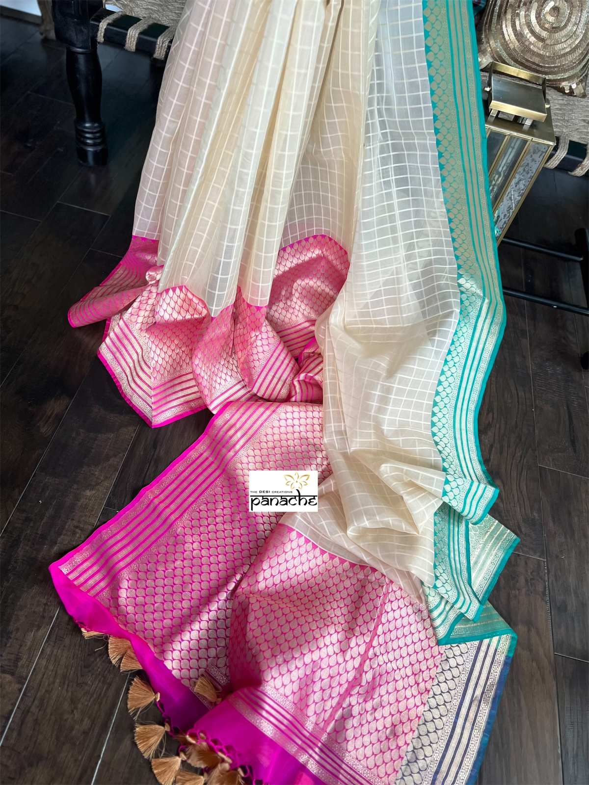 Organza Silk Banarasi - Cream Pink Sea Gree