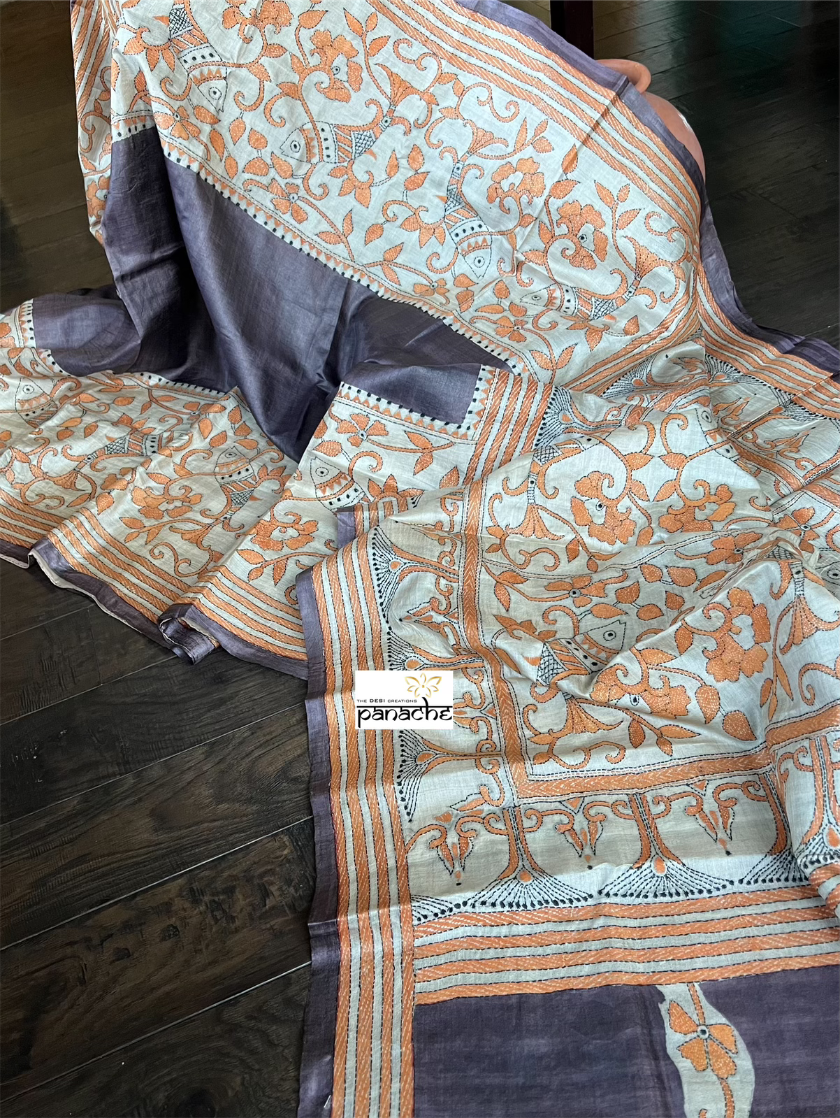 Pure Tussar Silk Kantha Stitch - Brown Orange
