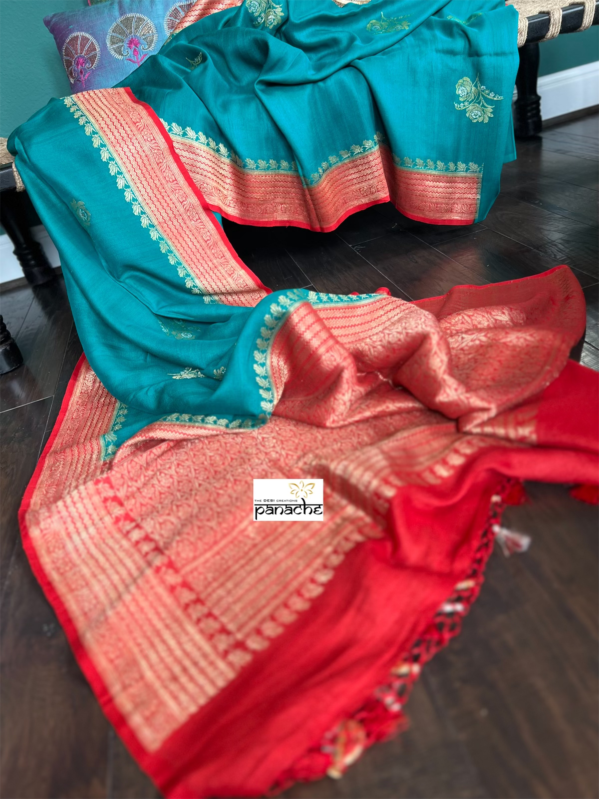 Tussar Georgette Banarasi - Rama Green Red Kadwa