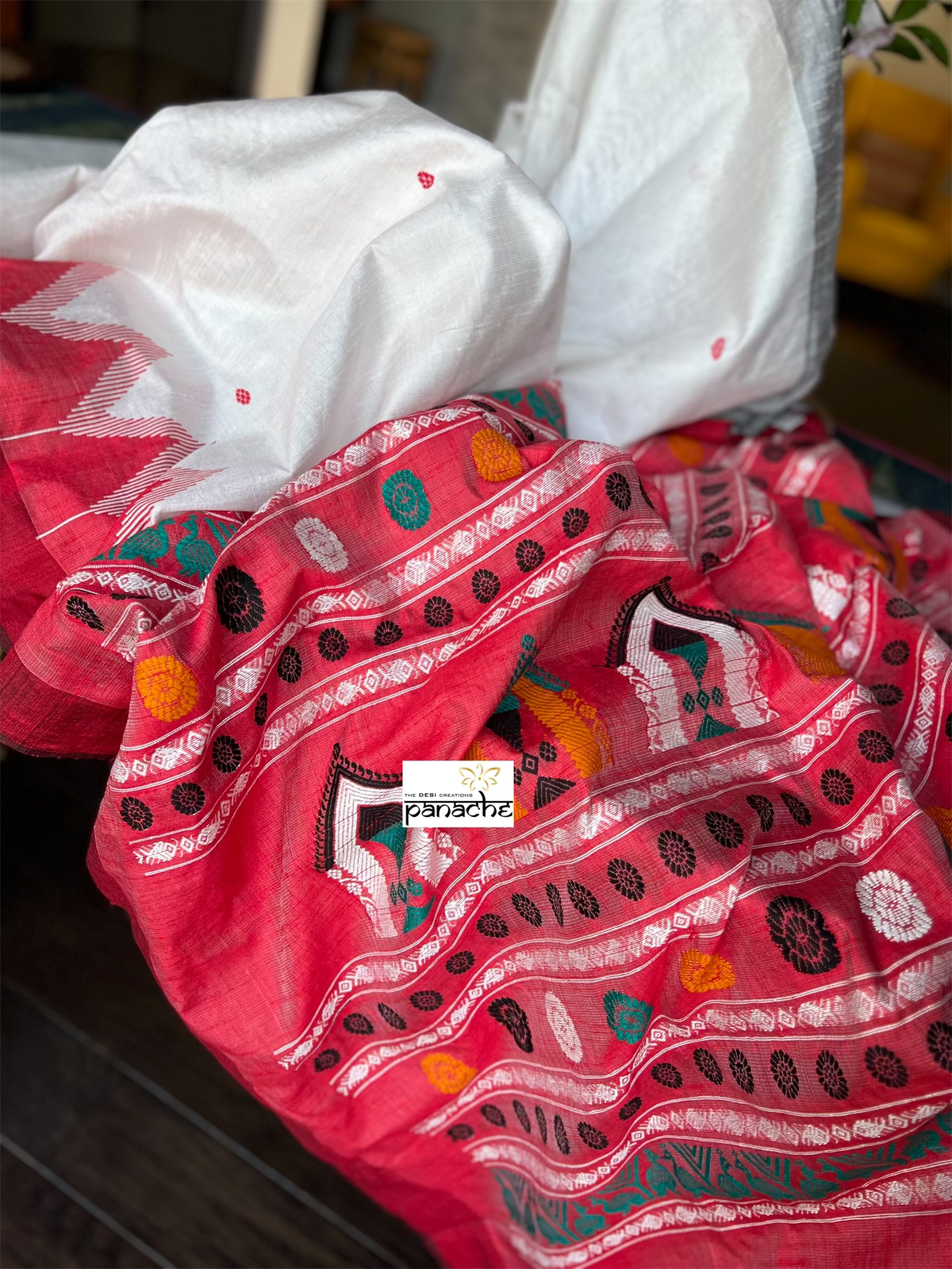 Pure Raw Silk - White Red