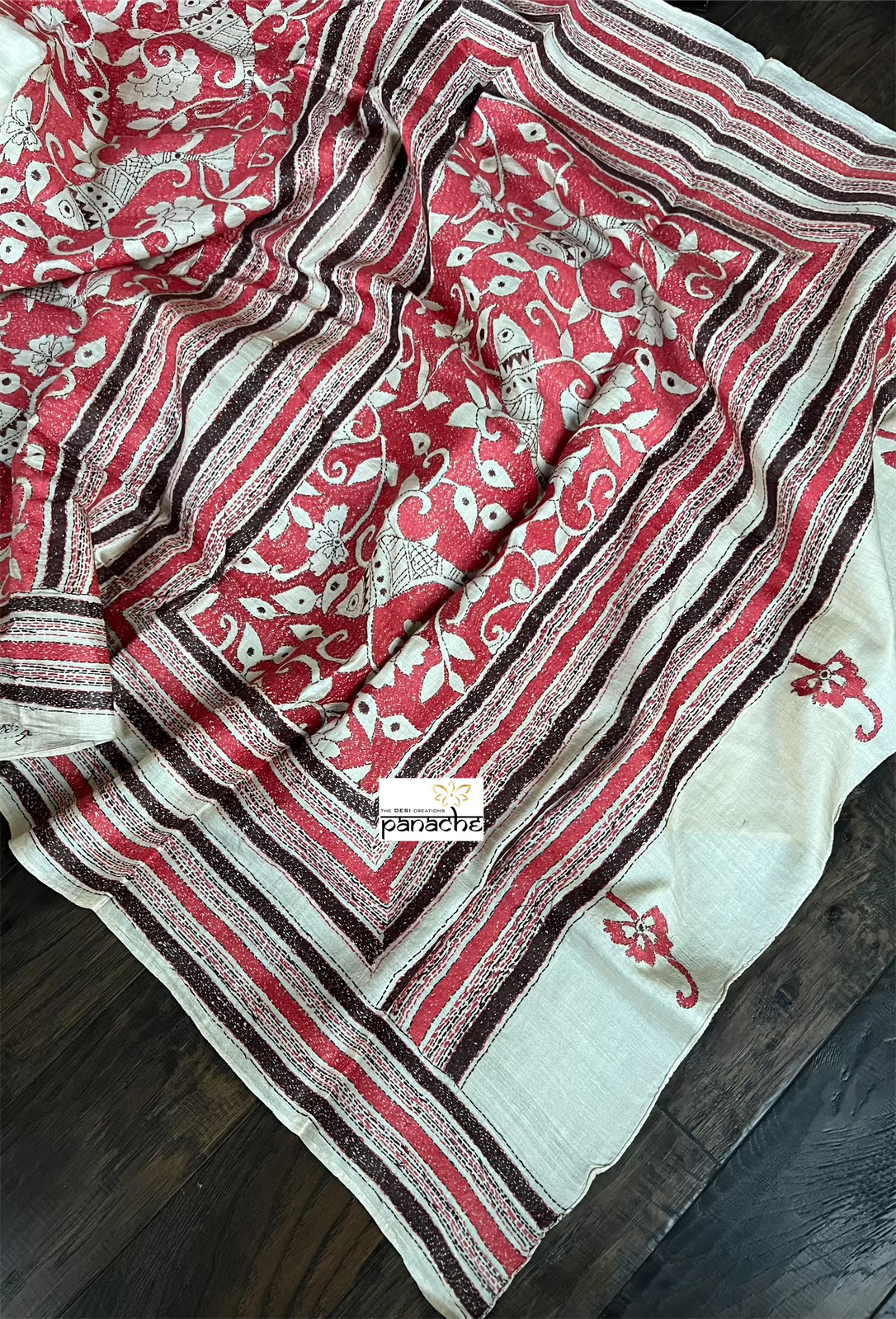 Pure Tussar Silk Kantha Stitch - Beige Red Fish