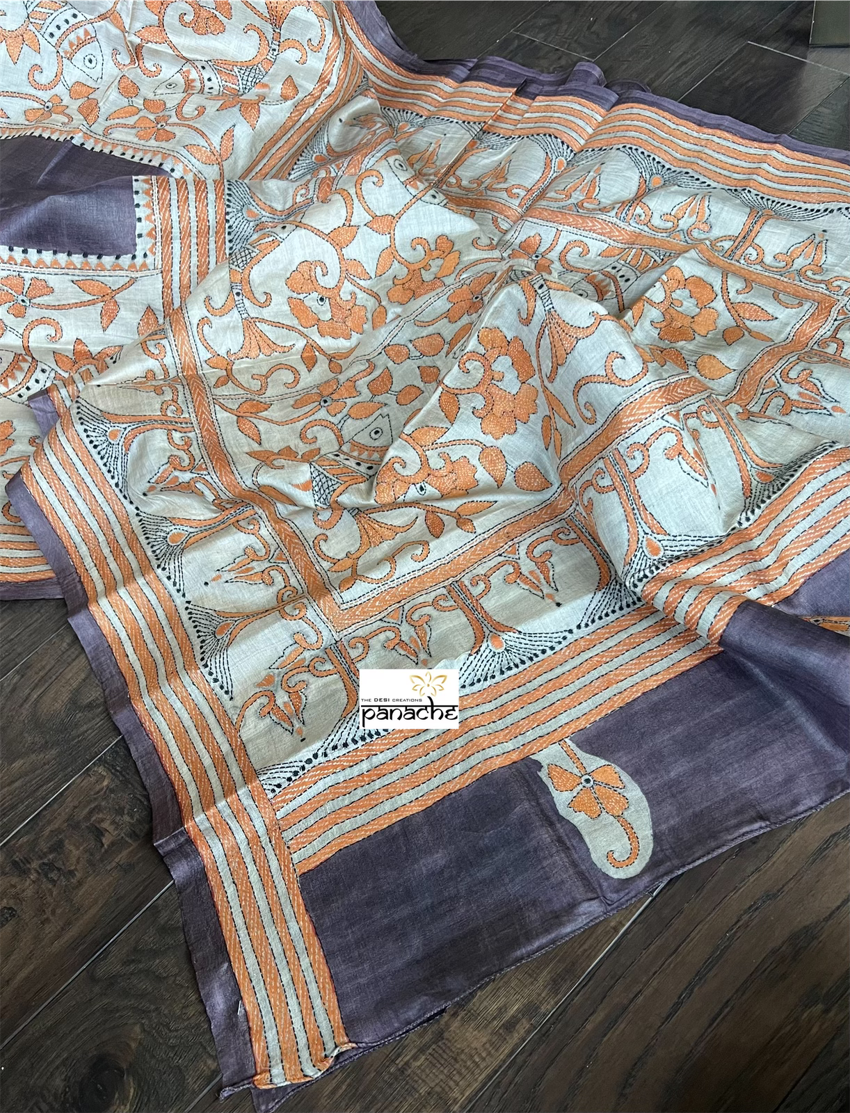 Pure Tussar Silk Kantha Stitch - Brown Orange