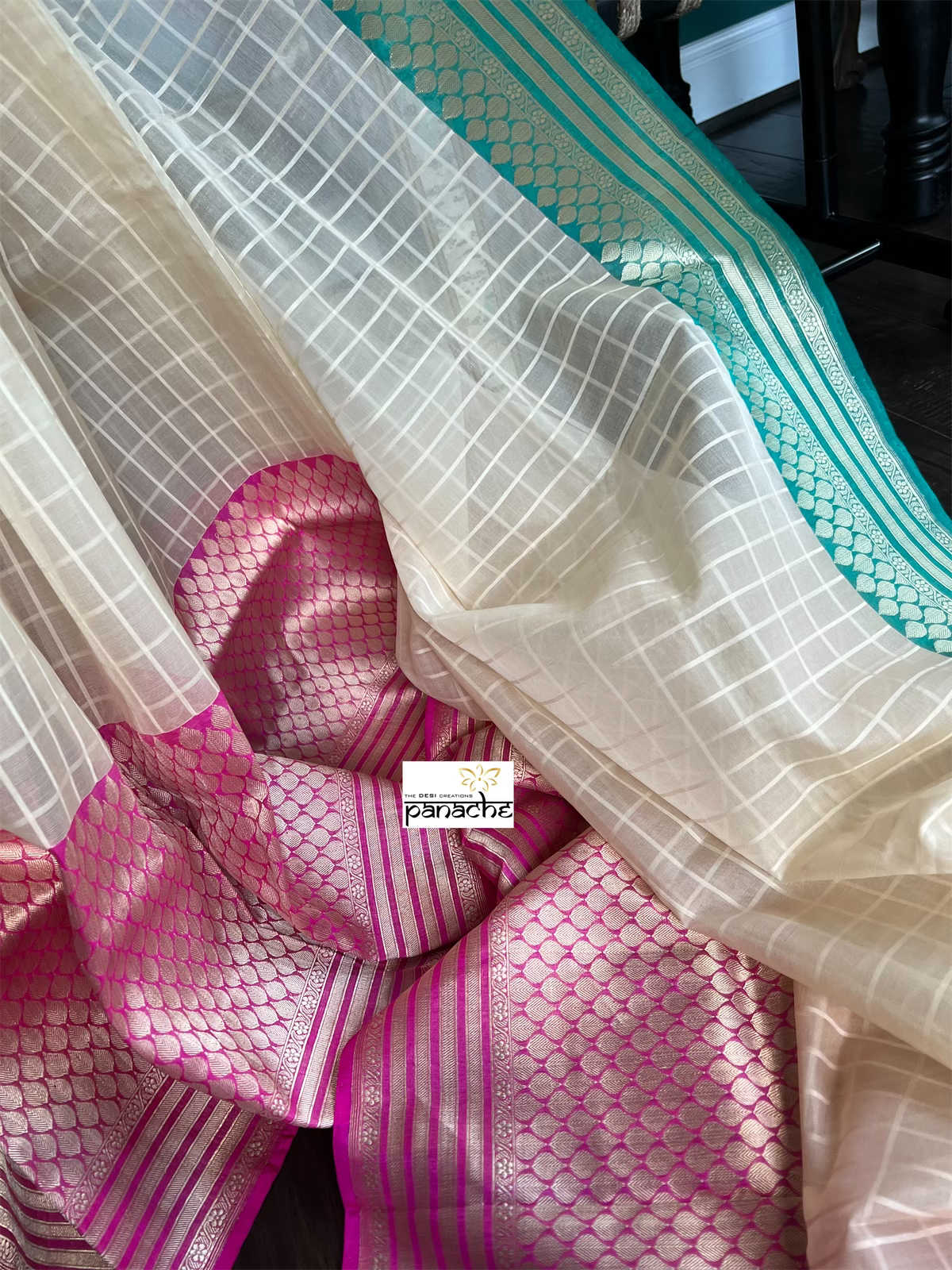 Organza Silk Banarasi - Cream Pink Sea Gree