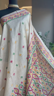 Pure Tussar Silk Gujrati Stitch -  Tussar Color Green Red