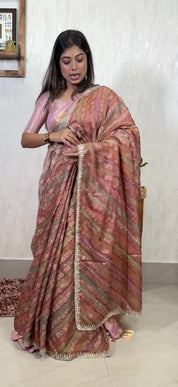 Designer Organza Leheriya - Light Rust Pink Multi Color