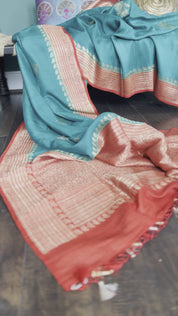 Tussar Georgette Banarasi - Rama Green Red Kadwa