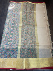 Kora Silk Banaras - Beige Madhubani Printed